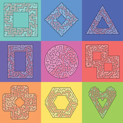Big set of escape type labyrinths. Find the way out from the center of mazes. Collection of nine colorful riddles for family activity, school and preschool games with solutions