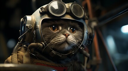 A cat wearing a pilot helmet - obrazy, fototapety, plakaty