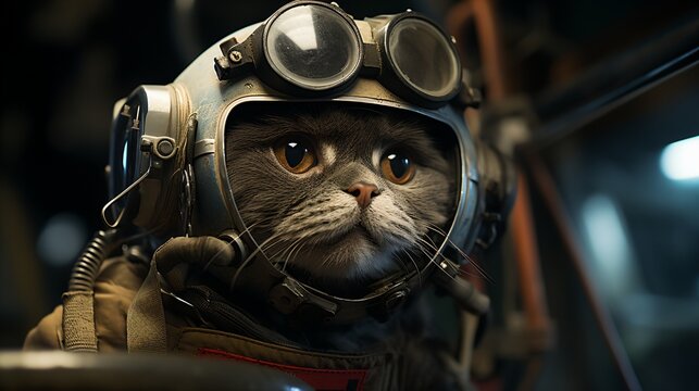 A cat wearing a pilot helmet