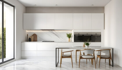 White and marble kitchen corner with table