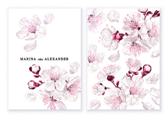 Templates of minimalist cards, wedding invitations, flyers with spring floral design. White and pink sakura flowers on light background. Realistic, hand drawn vector flowers, high detailing