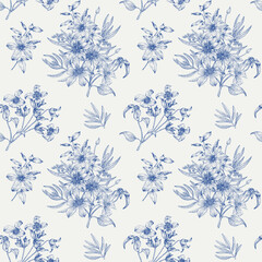 Seamless vector vintage pattern with bouquet flowers of Clematis blue on white. Hand drawn elements Monochrome. Elegant floral background for design