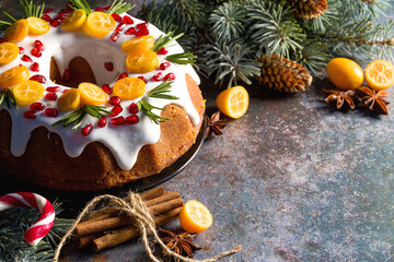 Christmas dessert. Christmas sweets on the festive table. Greeting card. Close up