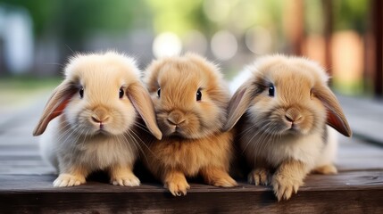 Cute little rabbits on wooden table in garden. - obrazy, fototapety, plakaty