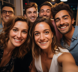 Fototapeta premium Pov selfie of a group of diverse friends during a dinner