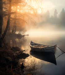 Boat on a lake in a magical landscape with fog.