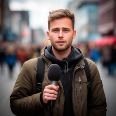 Portrait of a journalist holding a microphone on the street. - obrazy, fototapety, plakaty