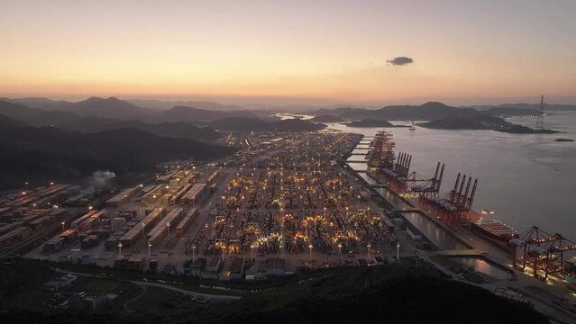 view of business harbor in evening