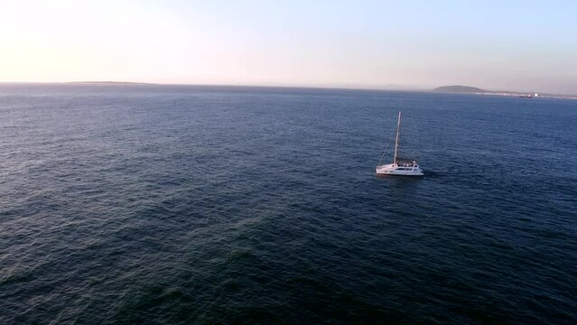 Drone, ship and travel at sea, sailing on vacation or summer holiday trip on water outdoor, seascape and nature. Aerial view, yacht and boat in ocean on journey, cruise and freedom on transportation
