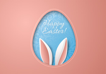 Easter greeting card with paper cut egg shape frame with bunny ears, blue floral pattern and Happy Easter lettering. Pastel pink background with elegant line around, white Easter rabbit ears