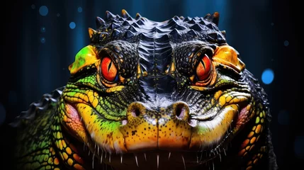 Poster 3d illustration of a crocodile with orange eyes and green body © HA