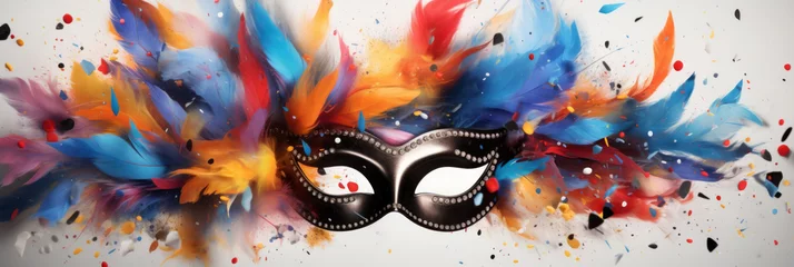 Gordijnen colored masquerade mask with feathers and confetti on white background © Serhii