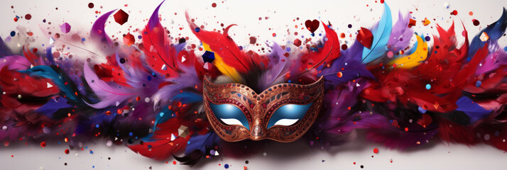colored masquerade mask with feathers and confetti on white background - obrazy, fototapety, plakaty