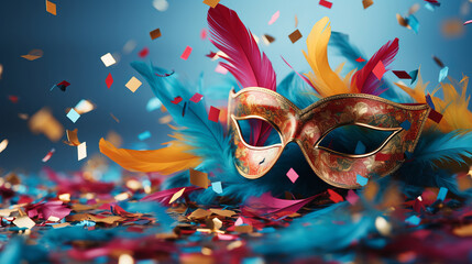 colored masquerade mask with feathers and confetti on blue background