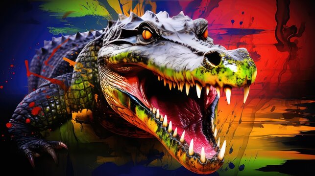 Crocodiles head on colorful abstract background.