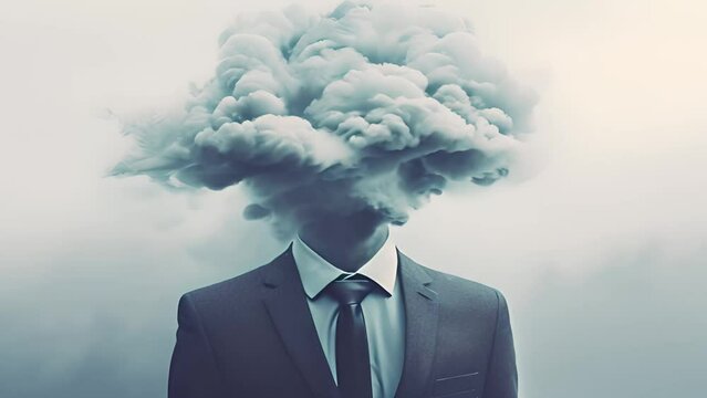 Thoughts concept Male businessman wearing suit with tie. Head full of smoke clouds using laptop no emotions mechanic mental intelligence. Thinking,brainstorming,business concept design mp4