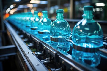 Bottles flow in mineral water bottling line., generative IA