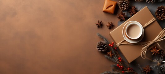 Christmas brown mockup with presents, Christmas tree branches minimalism photo texture. Horizontal banking background for web. Photo AI Generated