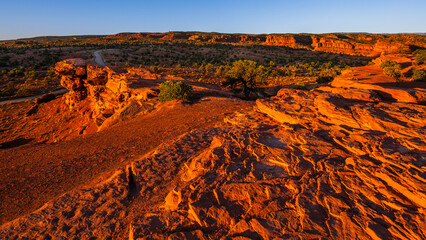 Red rock cliffs of national park Capitol Reef illuminated by a strong sunlight in Utah early in the morning.