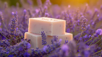 Gordijnen Organic lavender soap handmade in a lavender field with beautiful light   © Katrin_Primak