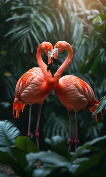 Couple of flamingo on romantic valentines background. Valentine's day greeting card