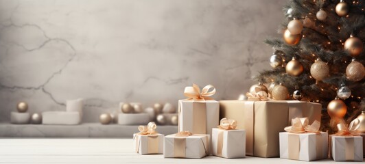 Christmas beige, brown mockup: presents, Christmas tree branches minimalism photo texture. Horizontal banking background for web. Photo AI Generated