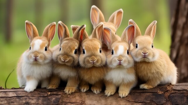 Group of three cute little rabbits sitting on a wooden fence in the garden