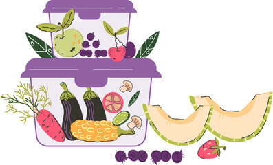 Proper food storage and packaging, preserving nutrition and ensuring food safety. Food in containers for storage to maintain nutritional value and freshness concept,  illustration.
