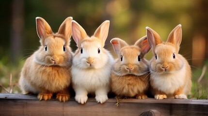Fototapeta premium Group of three cute little rabbits sitting on a wooden fence in the garden