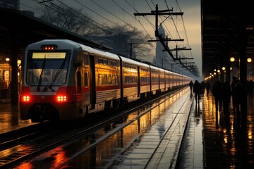 Naklejka premium Road train platform in a busy city: passengers, skyscrapers and dynamism., generative IA