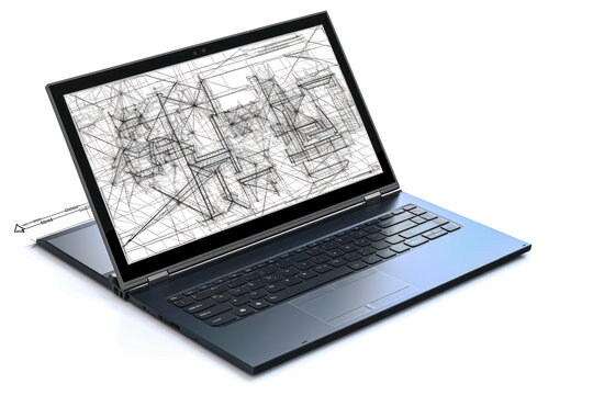 Laptop with developments and drawings on a white background. A stock photo capturing the creativity of modern work environments