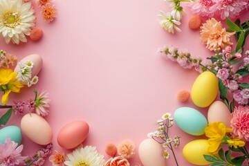 Fototapeta na wymiar Easter colorful composition with eggs and flowers