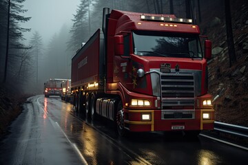 Escort truck carries hazardous load at dusk., generative IA