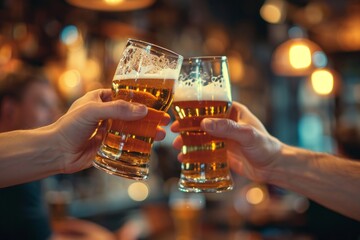Two hands holding beer glasses, beer steins, clinking them together - obrazy, fototapety, plakaty