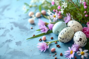 Easter colorful composition with eggs and flowers