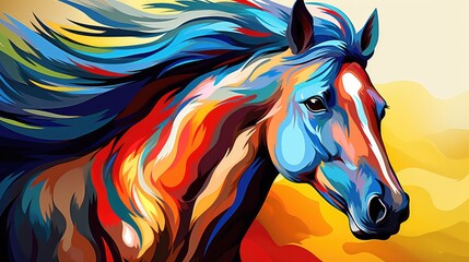 Vector illustration of a horse head on a background of colorful fire. - obrazy, fototapety, plakaty