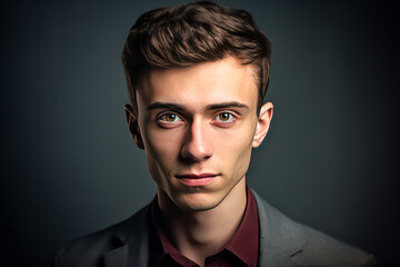 Obraz premium Classic portrait of a young man in a business suit on a dark background. A stock photo capturing sophistication and professional charm