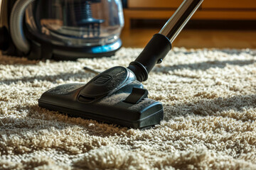 vacuum cleaner and a dustpan on a carpeted floor - obrazy, fototapety, plakaty