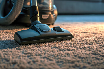 vacuum cleaner and a dustpan on a carpeted floor