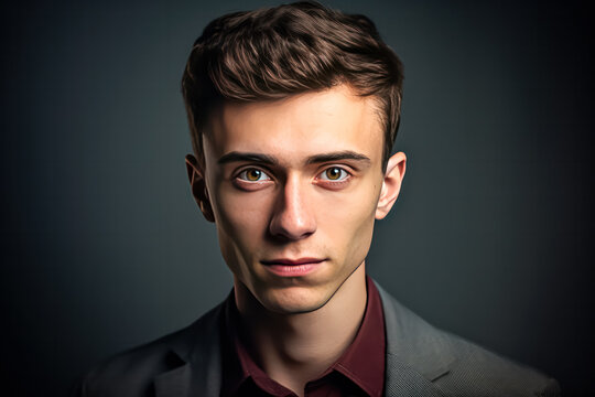 Classic portrait of a young man in a business suit on a dark background. A stock photo capturing sophistication and professional charm