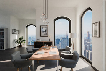 luxurious loft apartment with floor-to-ceiling windows and panoramic view; modern minimalistic interior design of living room and dining room area; bright daylight; 3D rendering