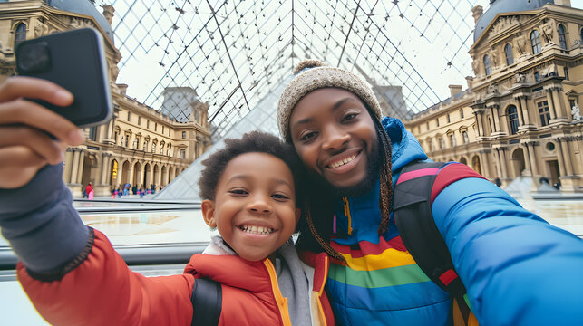 Portrait of happy African American father and son in colored jackets taking selfie near city landmark in Paris, France. Close-up