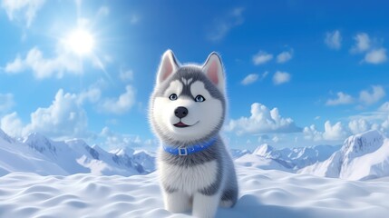 Cute husky puppy sitting on snow with blue sky background