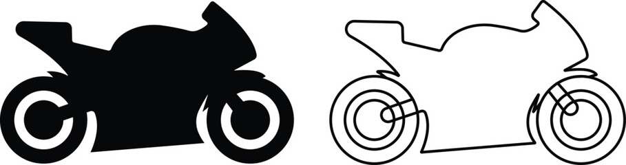 motorcycle and motorbike icon in flat, line set isolated on transparent background Side view all kind of motorcycle from moped, scooter, roadster, sports, cruiser, and chopper. vector for apps, web - obrazy, fototapety, plakaty