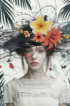 Surreal portrait of woman with tropical flowers. Generative AI image
