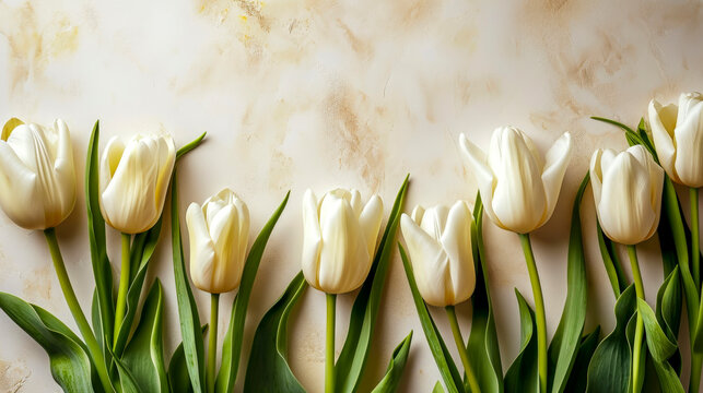 Fresh spring white tulips. Spring flowers flat lay on pastel beige background and place for text. Festive concept for Valentine's Day or Mother's Day. Top view. Copy space.