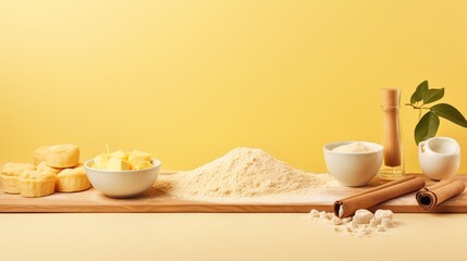 Baking scene with butter, flour, eggs, and spices on a wooden board against a vibrant yellow background, ready for pastry making.
