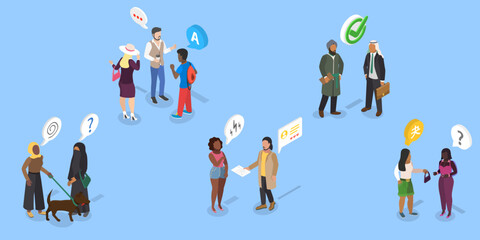 3D Isometric Flat Vector Illustration of Language Knowledge Skills And Racial Respect , Multiethnic Student Community