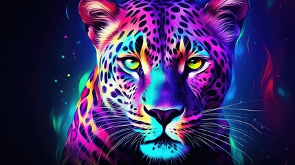 Leopard portrait with colorful lights. - obrazy, fototapety, plakaty