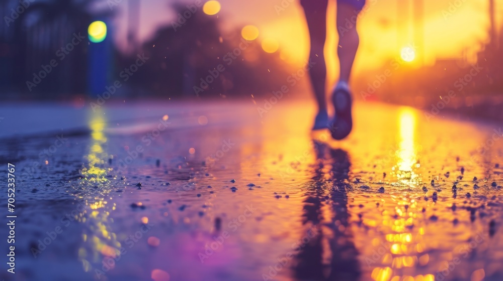 Canvas Prints A person running on a wet street with the sun setting in front of them, AI